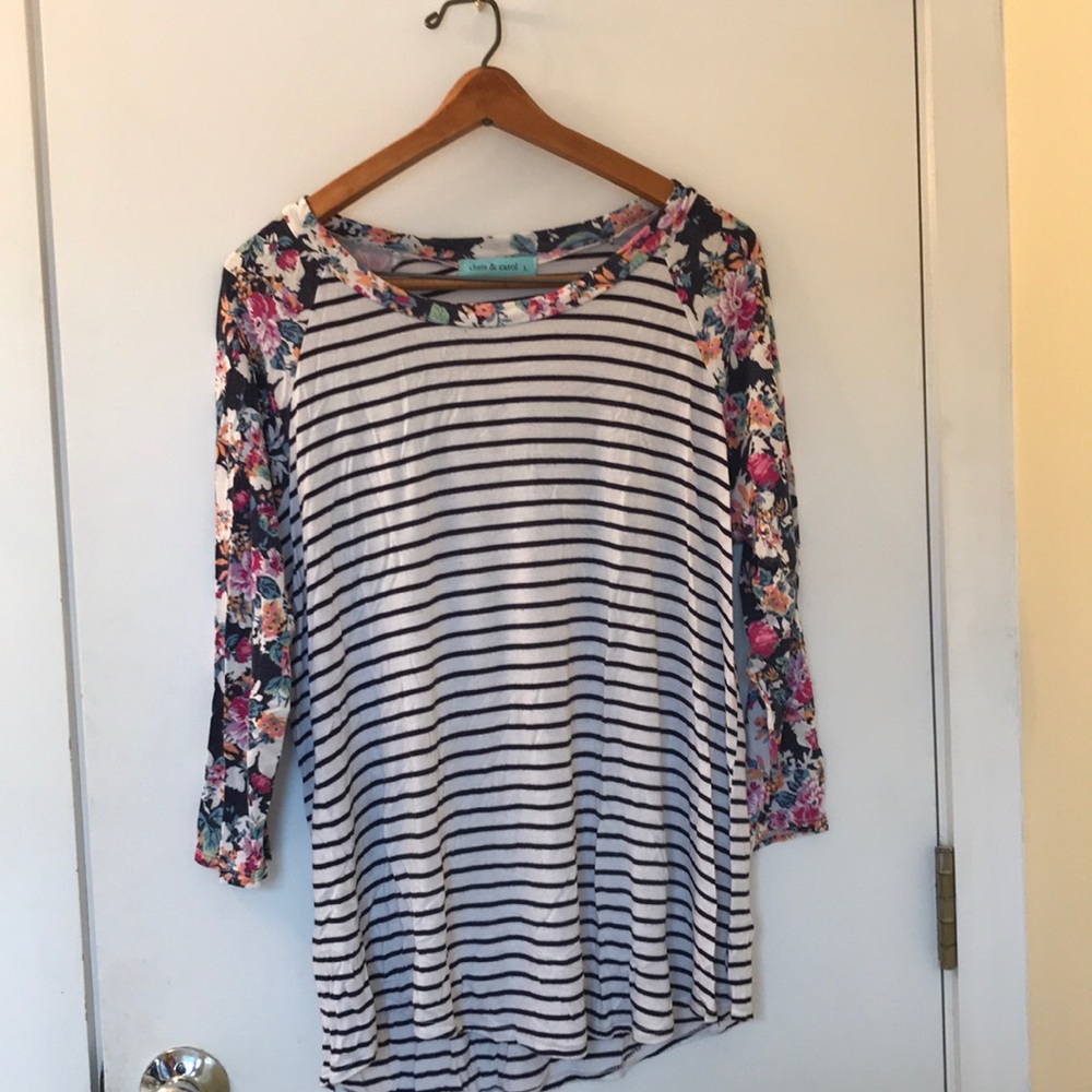 Floral and striped baseball T